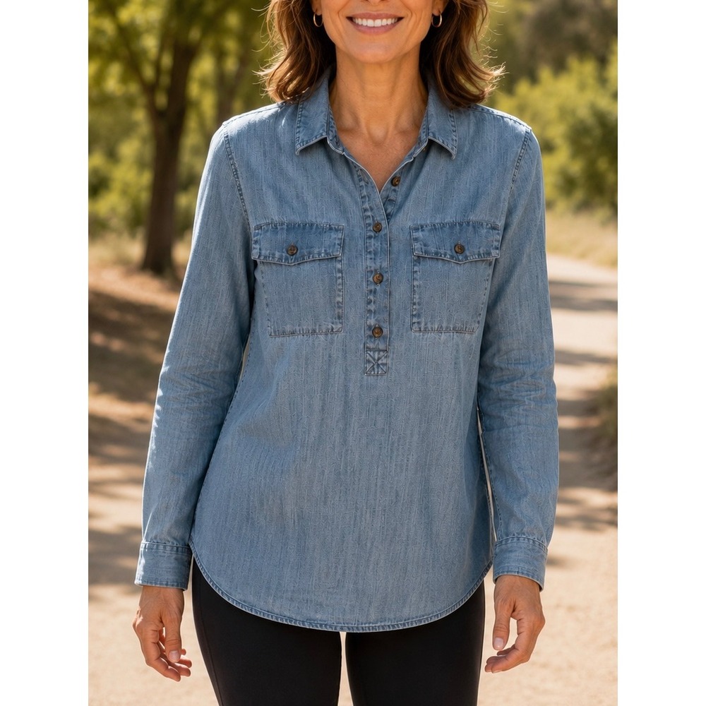 Lands End Womens Denim Chambray Shirt Blue Medium Casual Minimalist‎ Classic